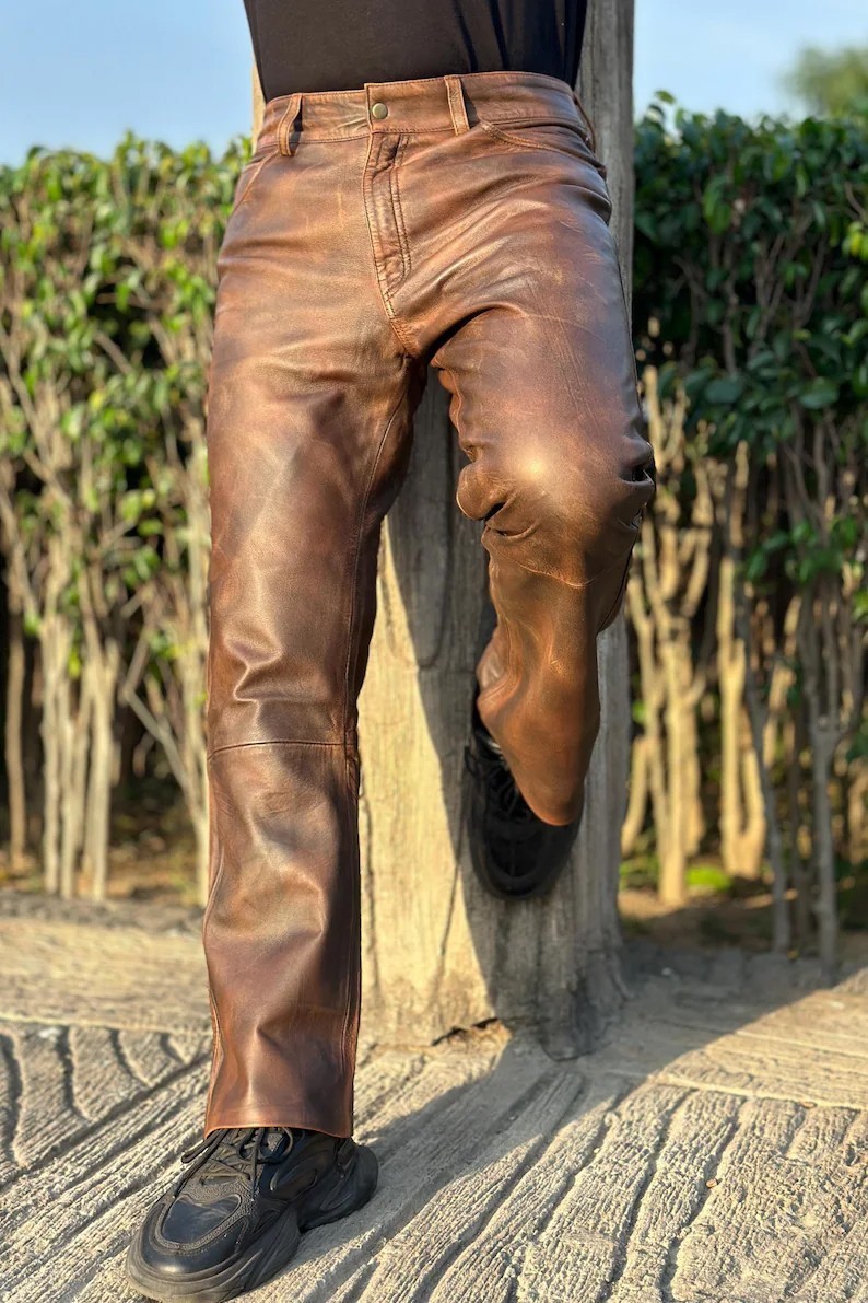 Handcrafted Leather Pants Men Genuine Sheepskin Classic Straight Fit Brown Jeans
