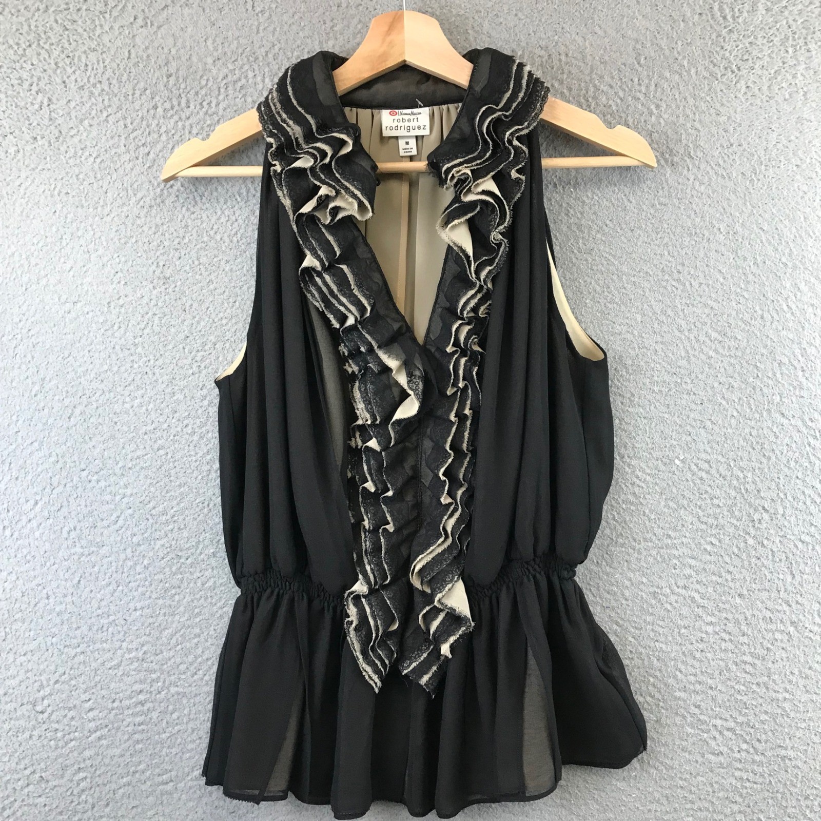 Robert Rodriguez Black Ruffle Neck Sleeveless Peplum Blouse Women’s Size M