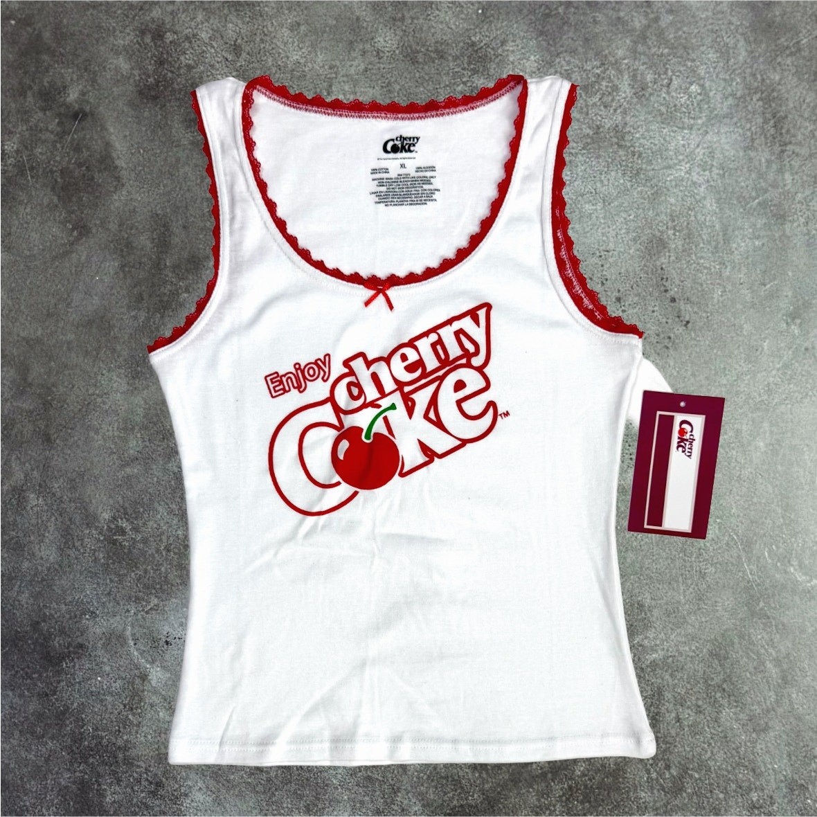 Women’s Cherry Coke White Graphic Tank Top with Red Lace Trim