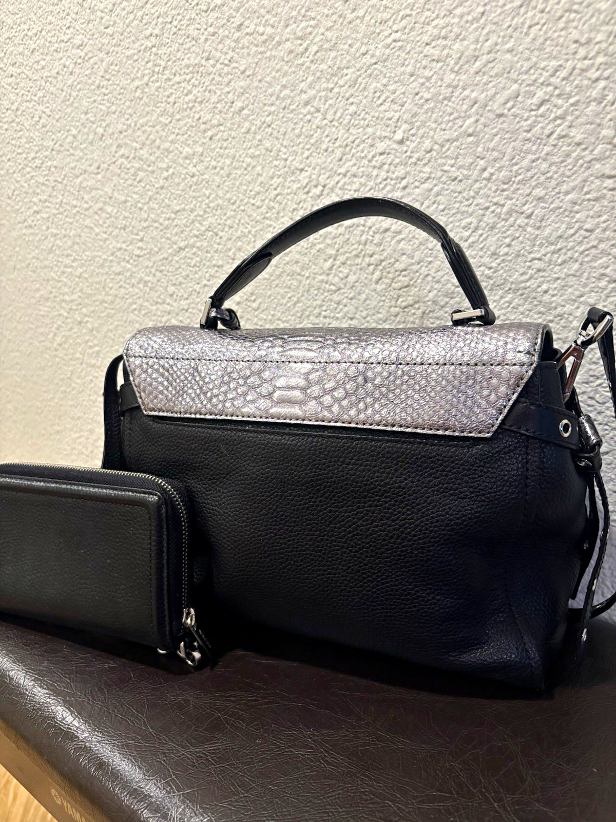 Michael Kors Black Satchel w Snake Print Flap, Silver Hardware & wallet