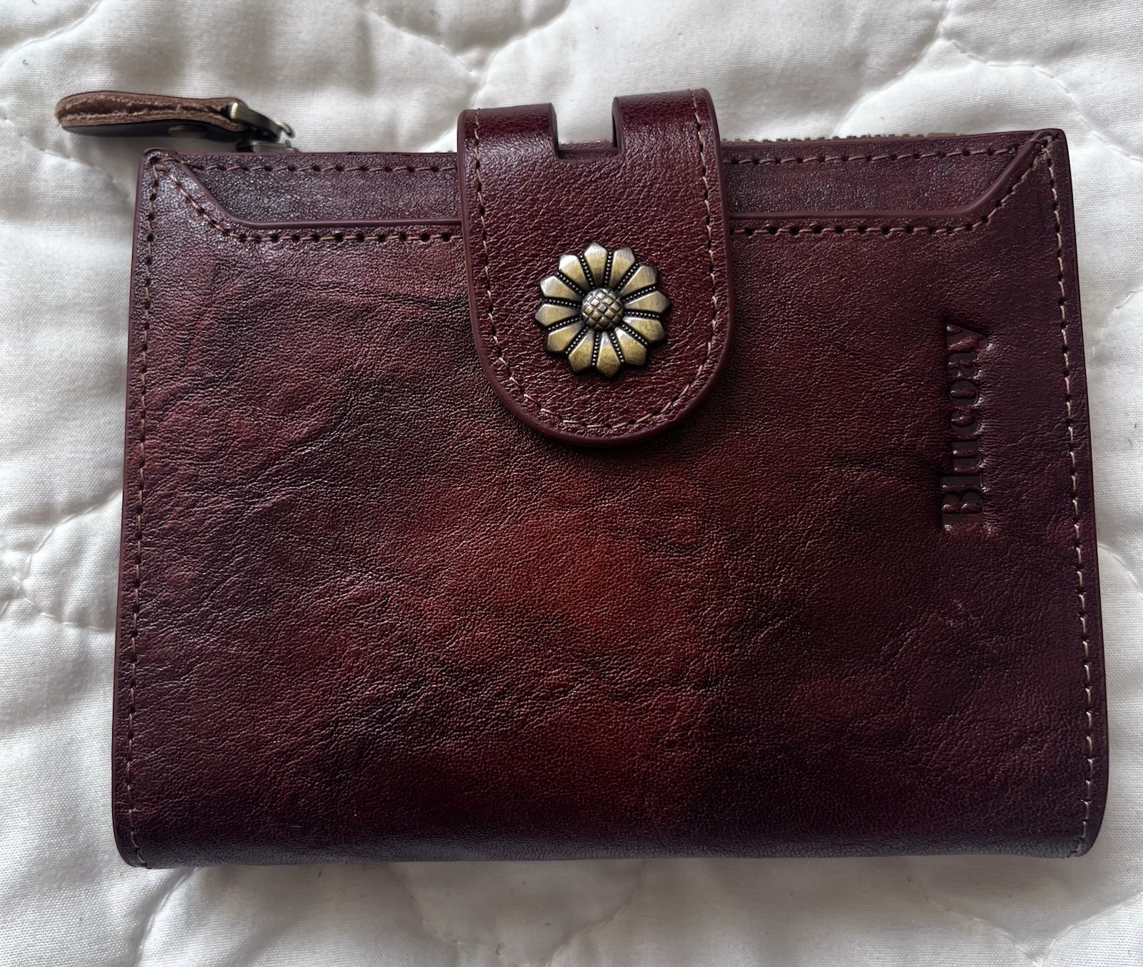 Blucoay brown folding wallet, flower button accent, zippered coin pocket, women