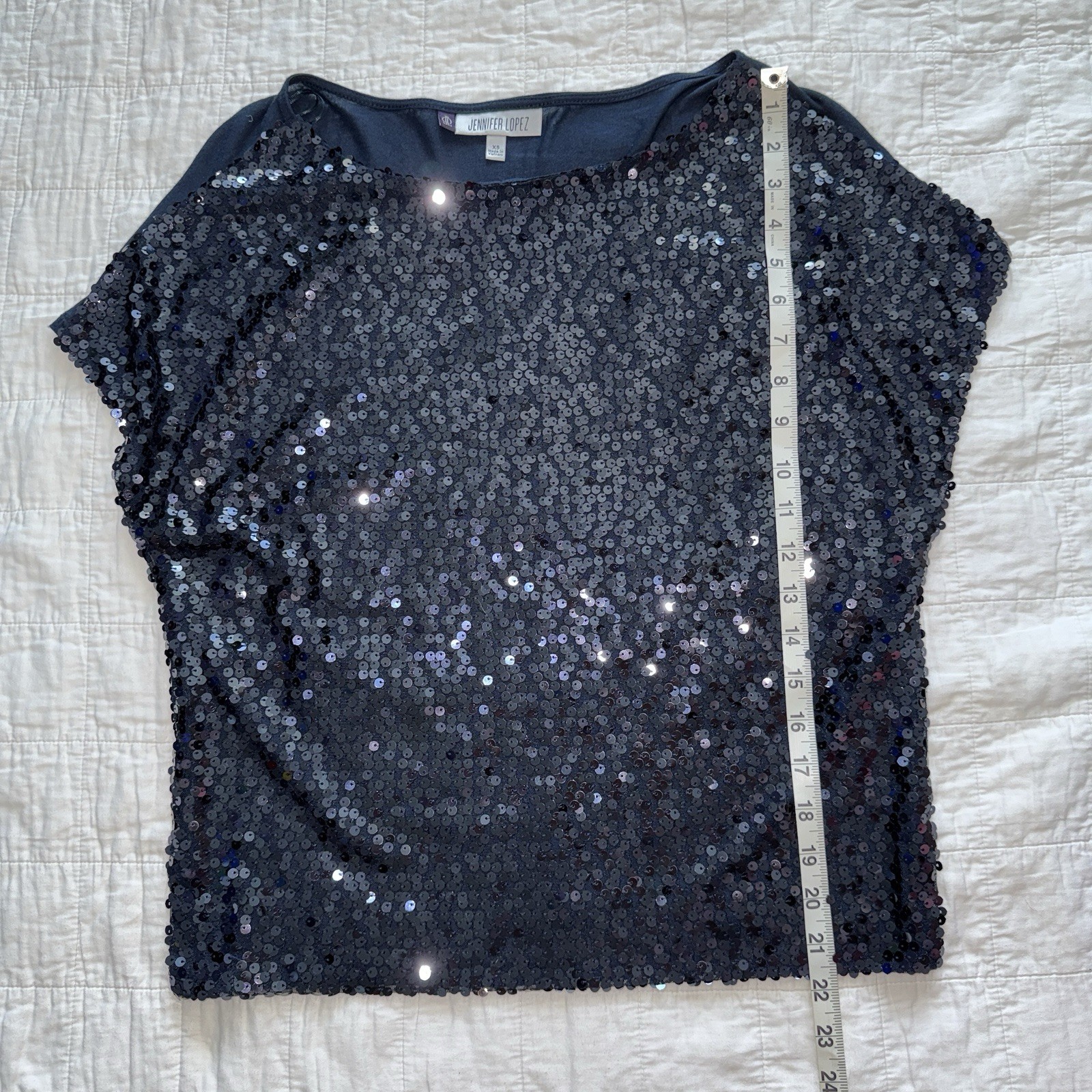 Jennifer Lopez Shirt Women’s Dark Blue Shiny Sequin Short Sleeve Blouse Sz XS