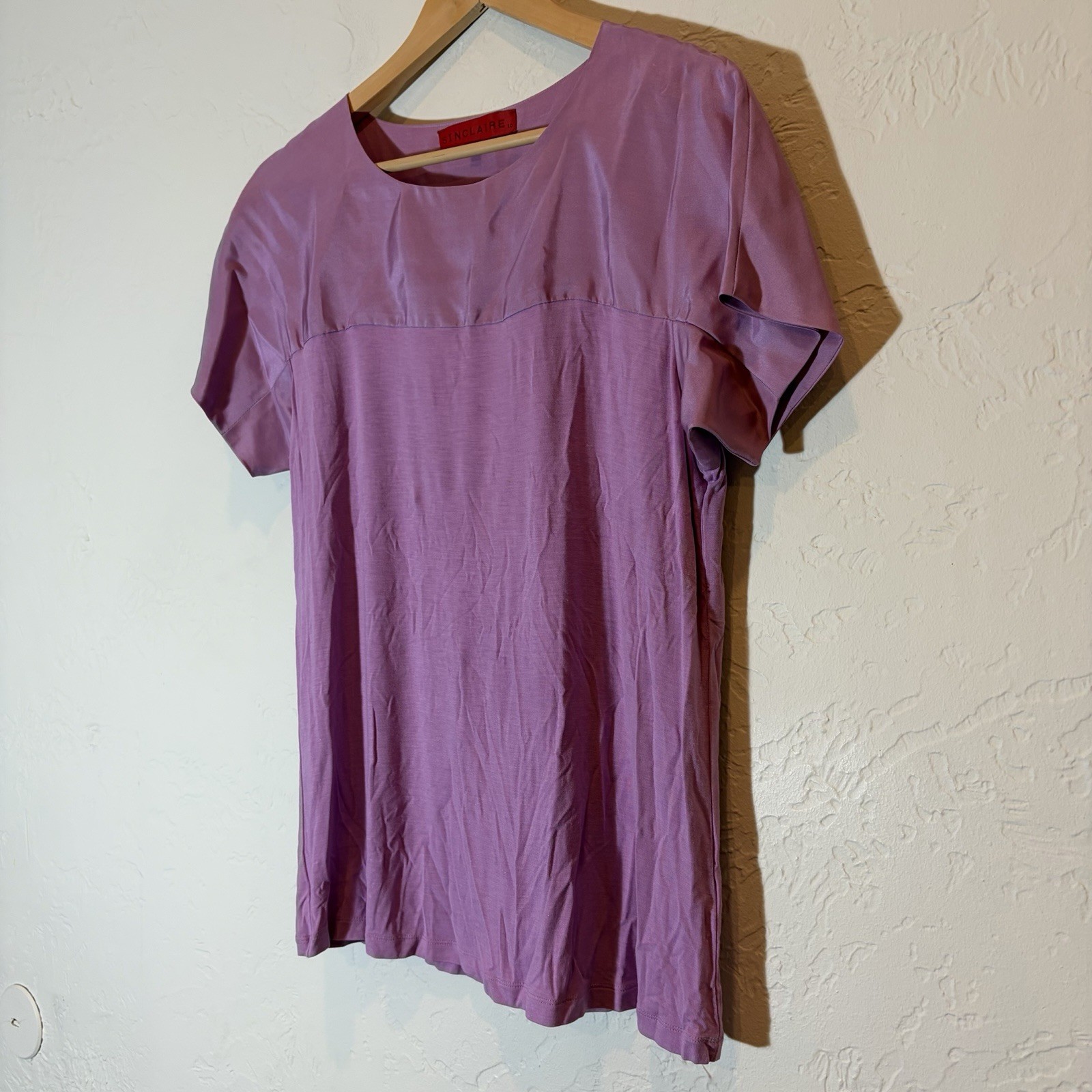 Sinclaire Women’s L Mauve Purple Silk Panel Stretch Short Sleeve Blouse Top