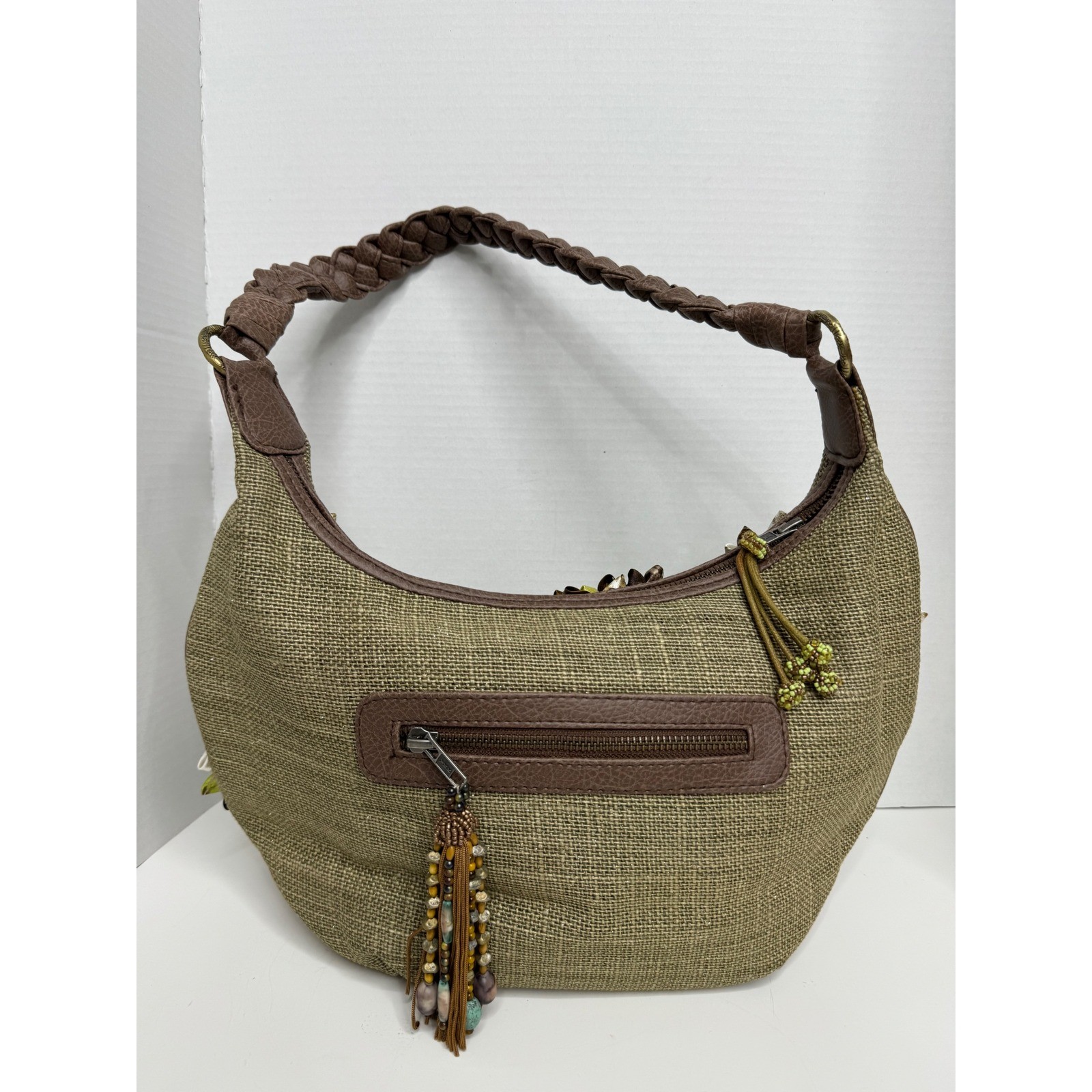 Mary Frances Olive Green Burlap Floral Embellished Beaded Hobo Bag Brown Braided