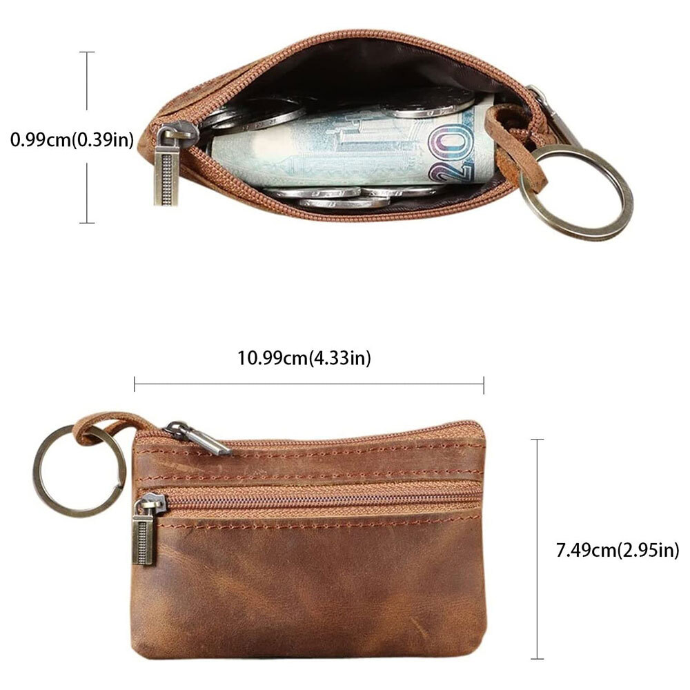 Brown Genuine Leather Small Coin Holder Change Purse Zipper Key card Wallet USA