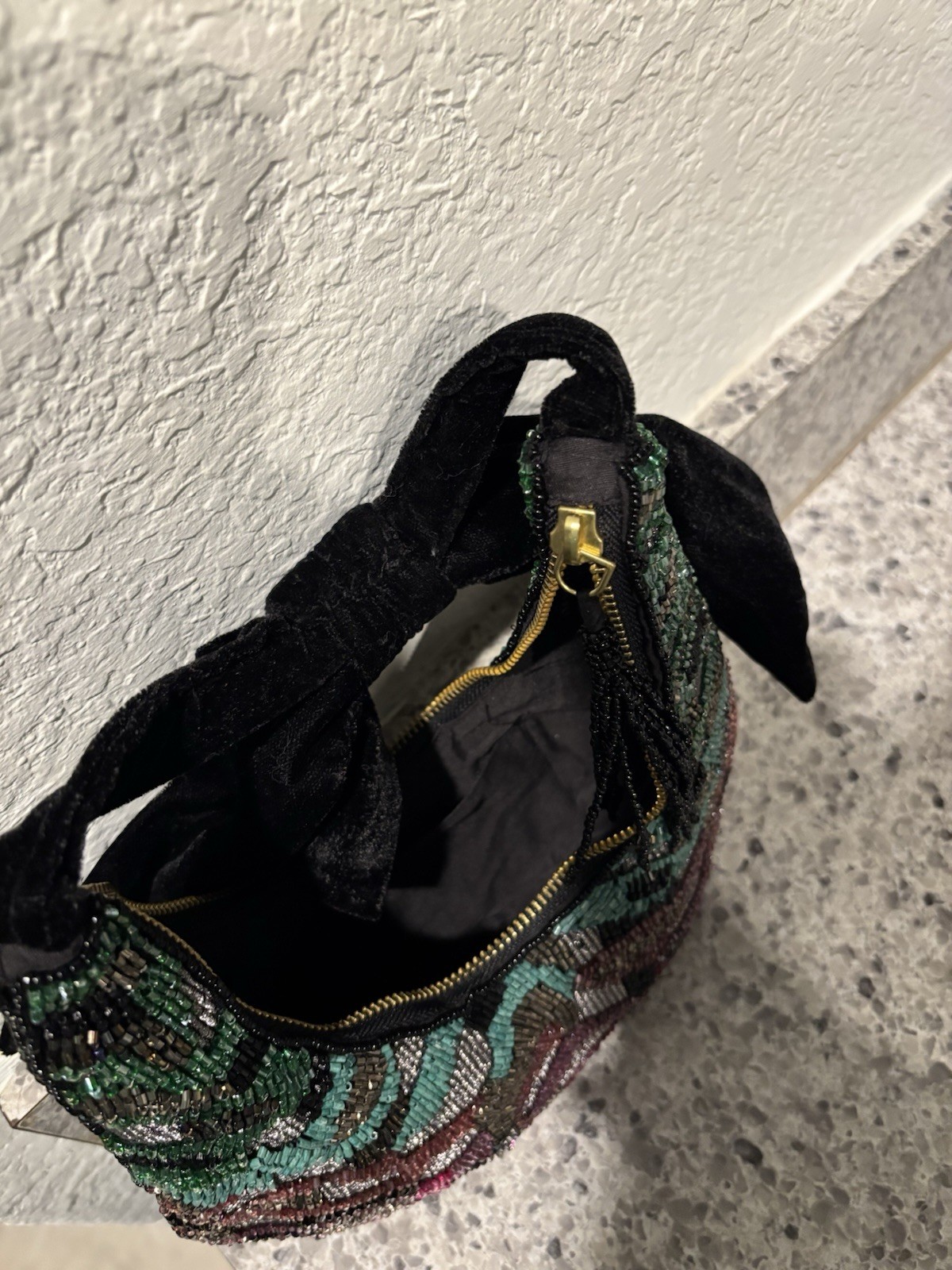 Beaded Shoulder Bag With Bow, Pink, Blue Purple Black ￼