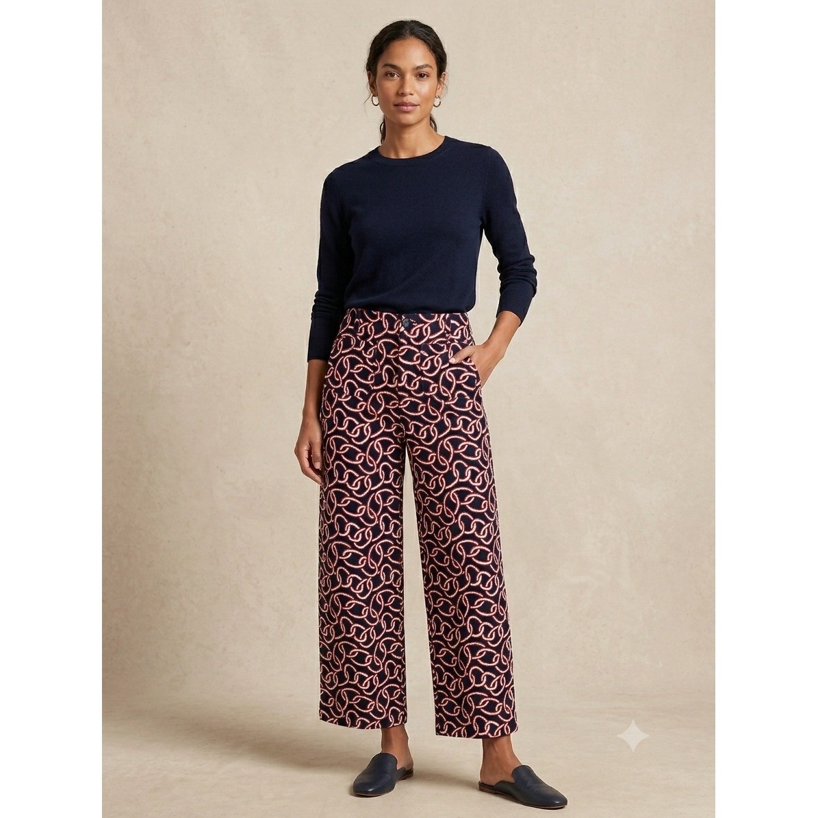 Maeve Anthropologie Colette Wide Leg Crop Pants Navy Red Chain Link Size 29