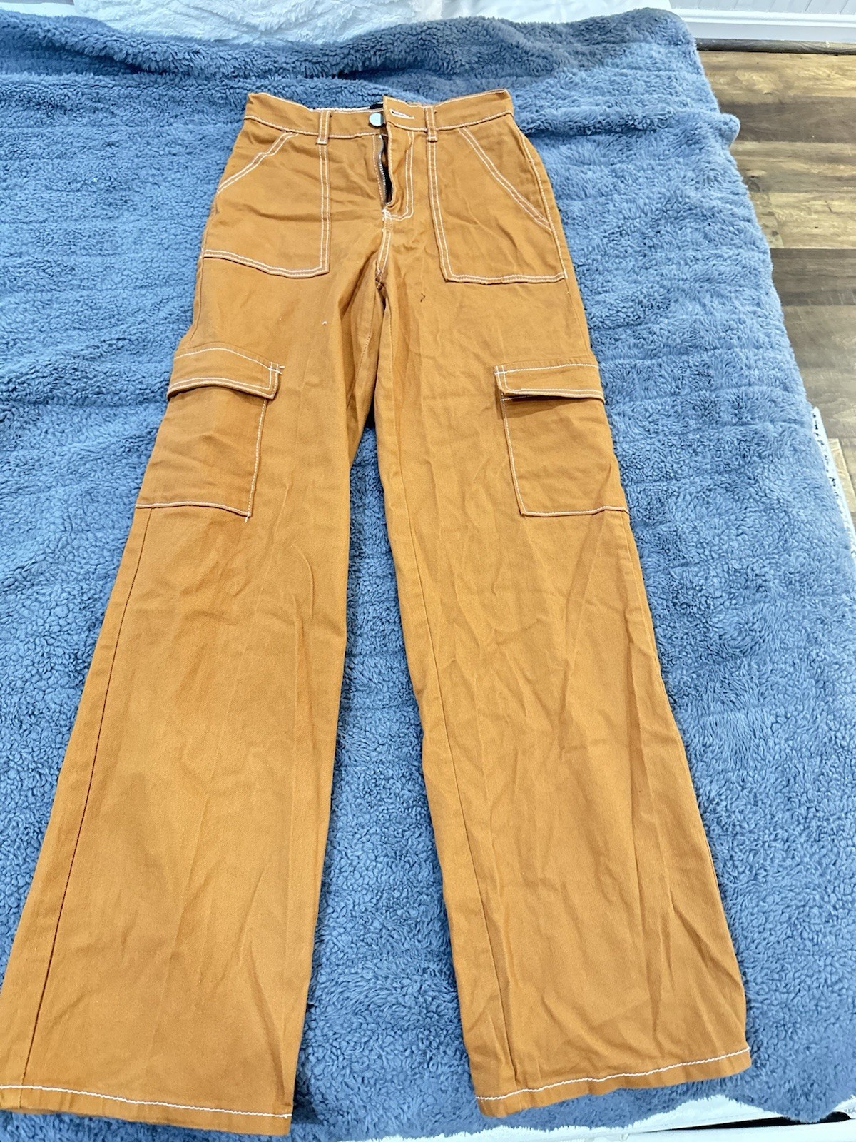 Orange Wide-Leg High Rise Cargo Pants Canvas Contrast Stitch Pockets L