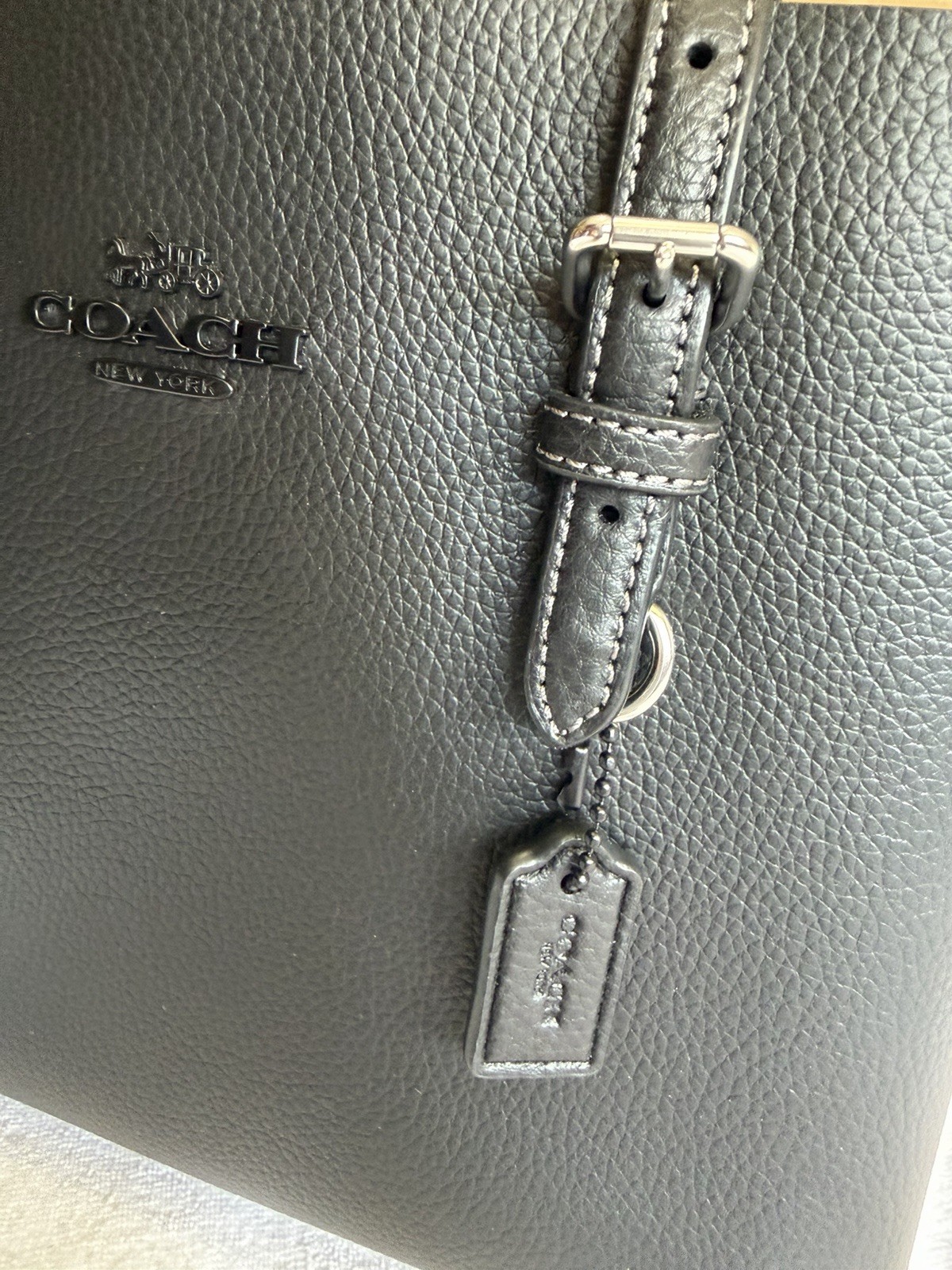 NWT Coach Mollie Tote 25 Black Metallic Logo Bundle w/ Strap, Charm, Dust Bag