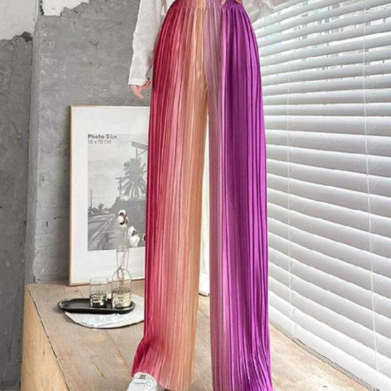 Lady Rainbow Gradient Faux Silk Pants Pleated Tie-Dye Wide-leg Trouser Drape Fit