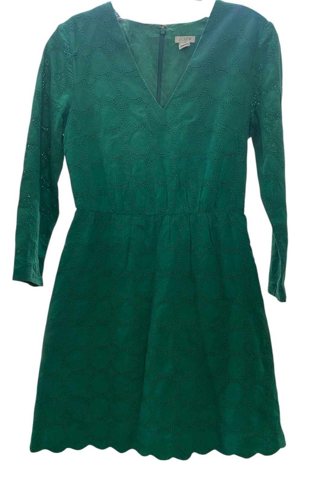 J.Crew Womens V Neck Green Eyelet Summer Long Sleeve Dress 100% Cotton size 00
