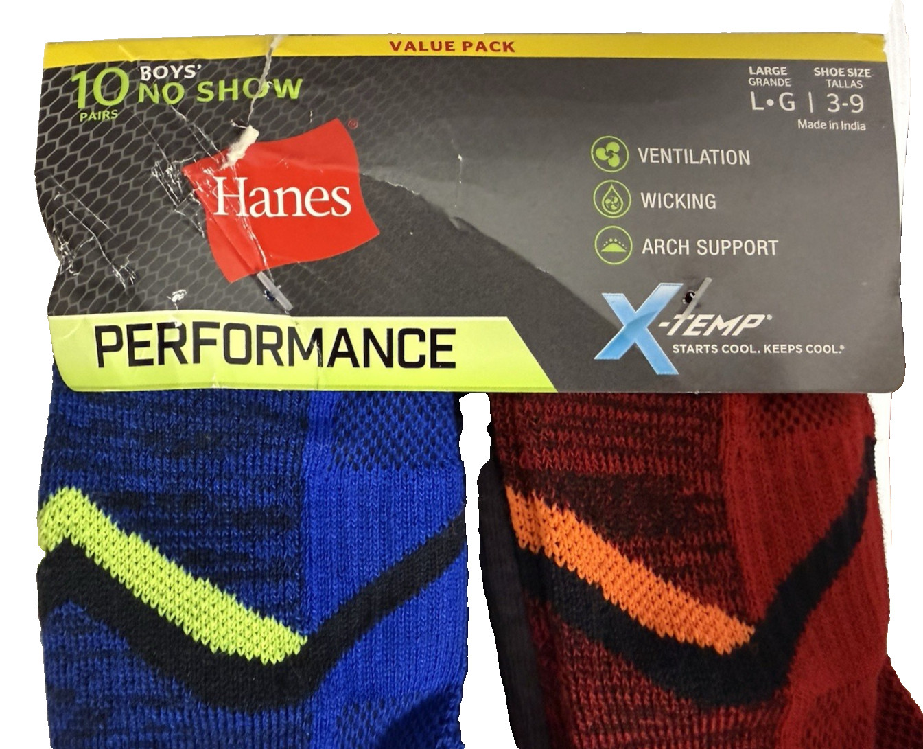 Boys No Show Socks (10-Pack) Hanes X-Temp Performance -Large-Shoe Size-3-9