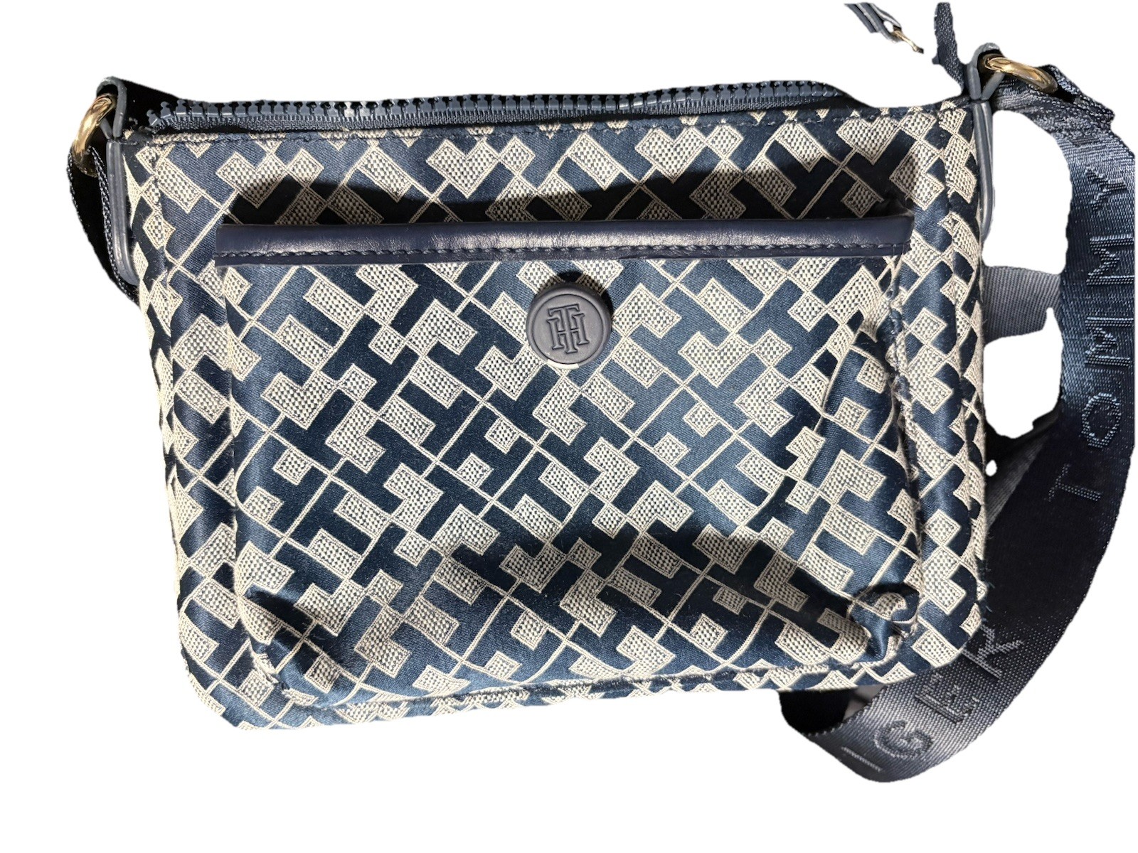 Tommy Hilfiger Blue/White Monogram Crossbody Bag Zip Closure Adjustable Strap