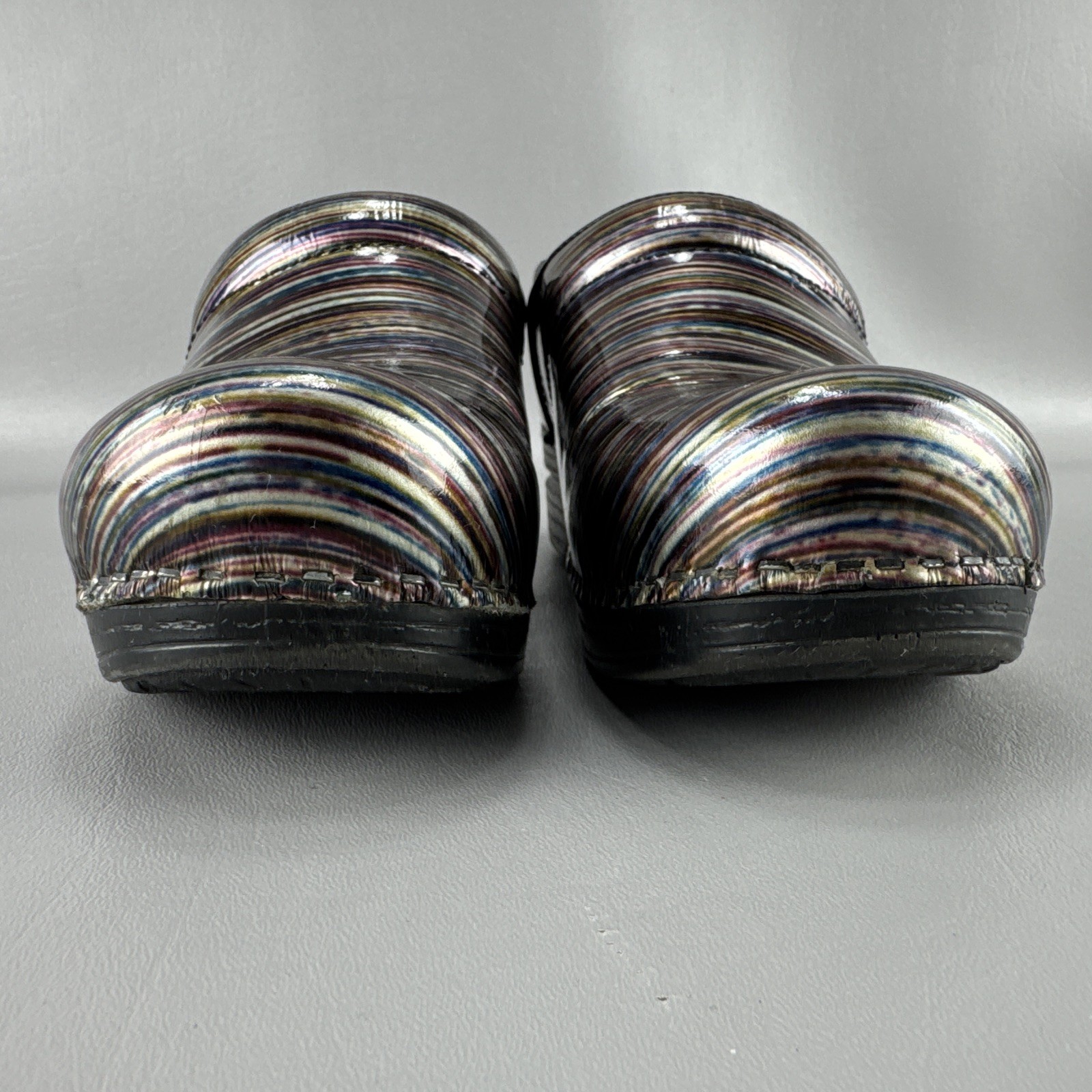 Dansko Pro XP Grey Multi-Colored Striped Patent Leather Clogs Sz 38 US 7.5-8