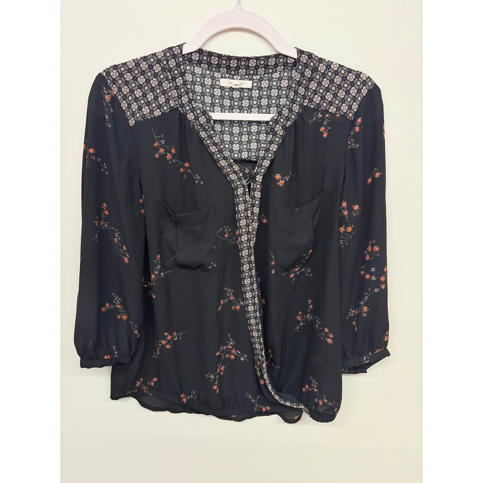 Maurices Boho Surplice Blouse Womens Medium Black Floral Mixed Print Cottagecore