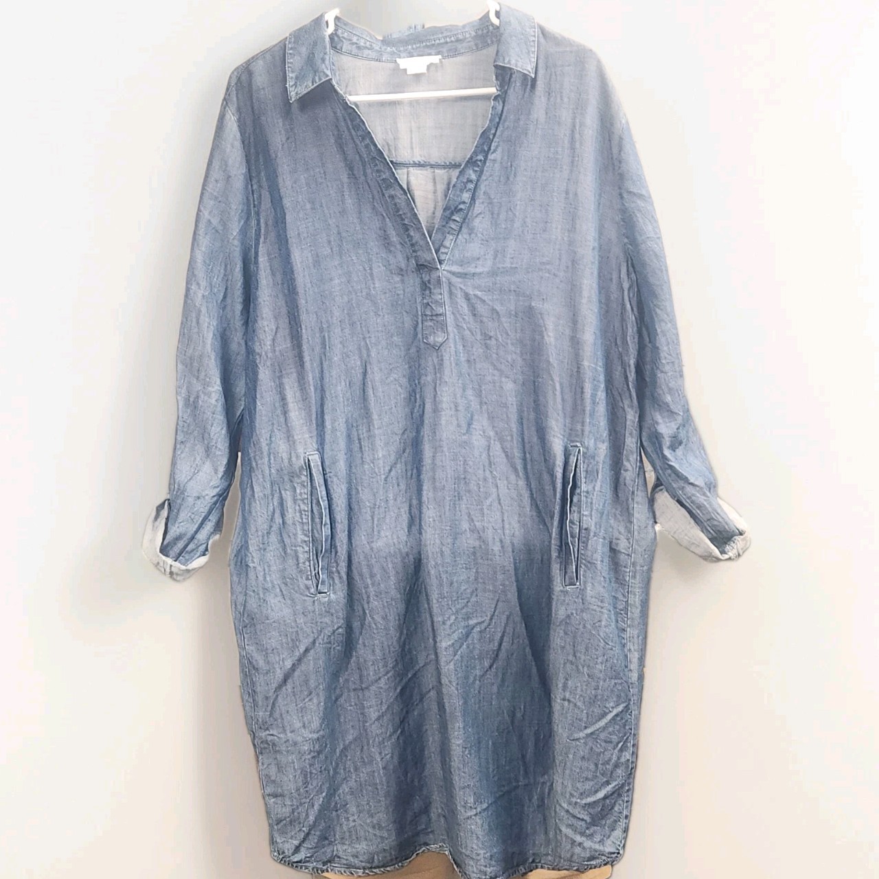 LOFT L Blue Denim V-Neck Pullover Long/cuffed Sleeve Shift Dress Pockets Jean