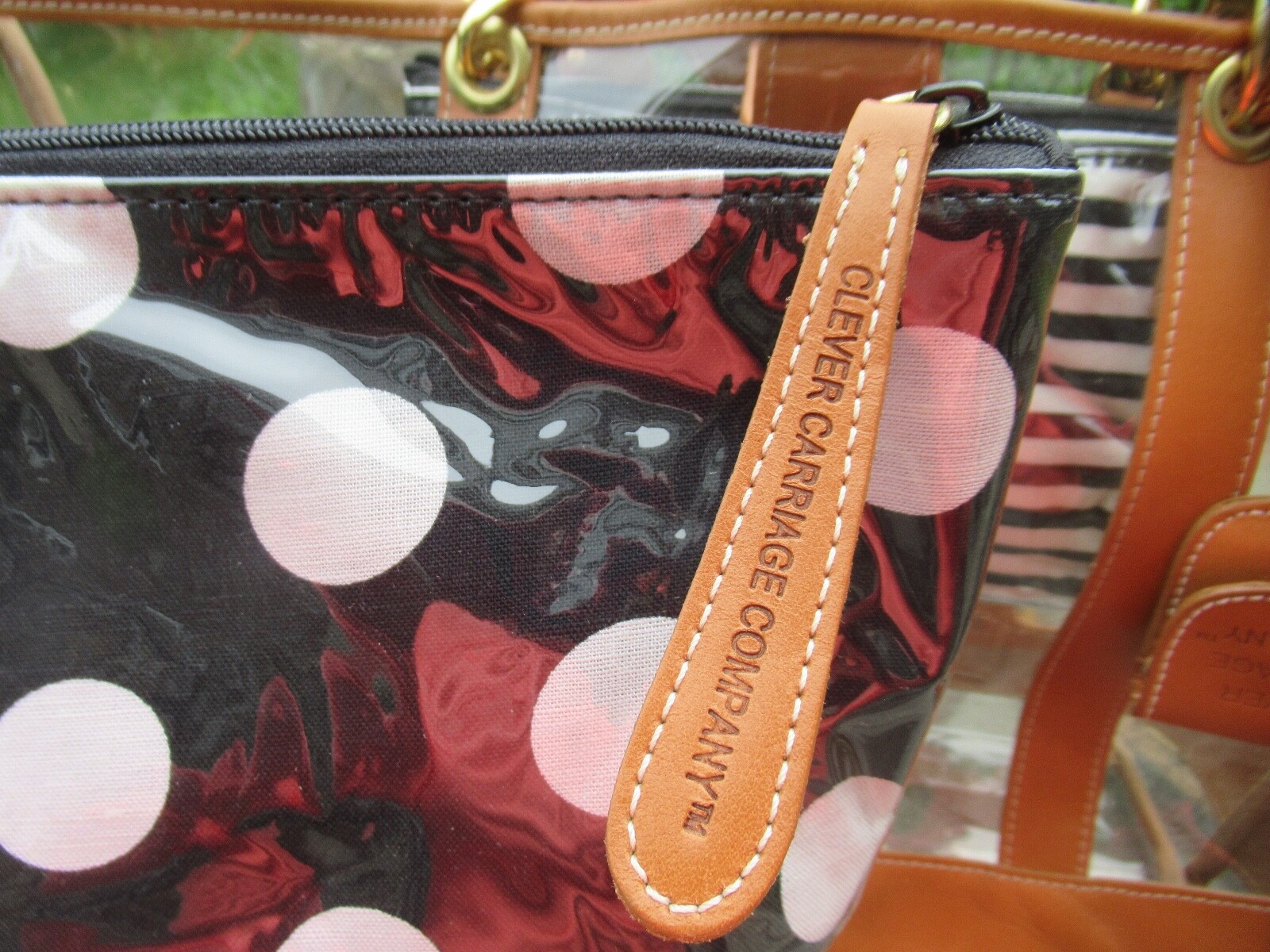 NWT Clever Carriage Co. Large Clear Tote/ Leather Trim/ Striped/ Polka Dot Bags