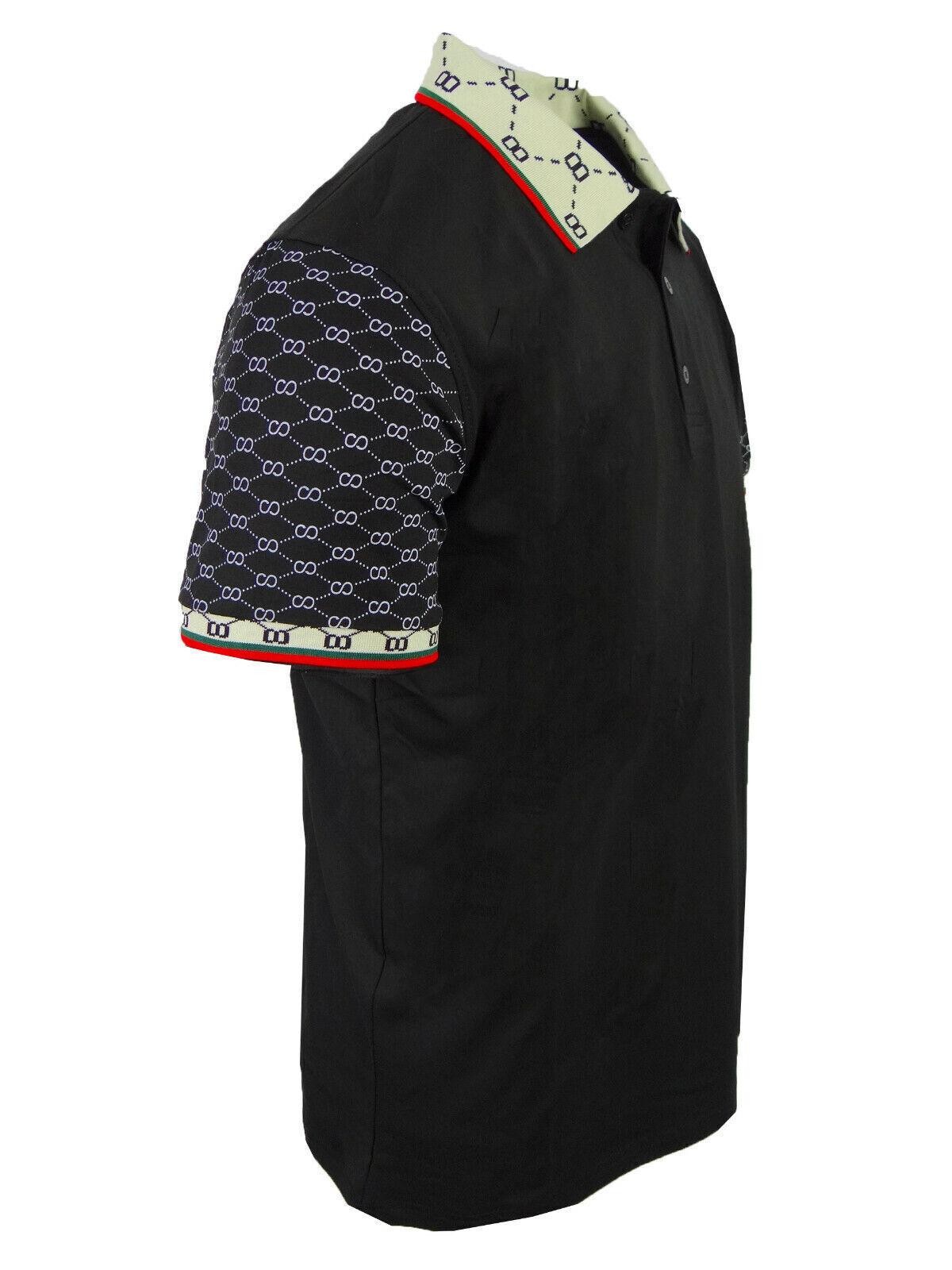Polo Shirt Designer Print Collar and Sleeves Stretch NEW Mens Casual Dress Golf