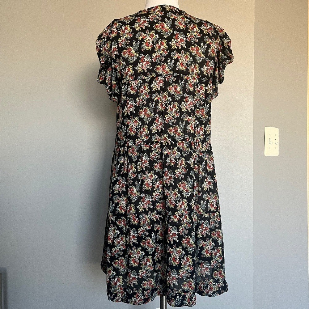 Sandro Floral Summer Ruched Puffed Sleeve V-neck A-line Cocktail Dress Medium