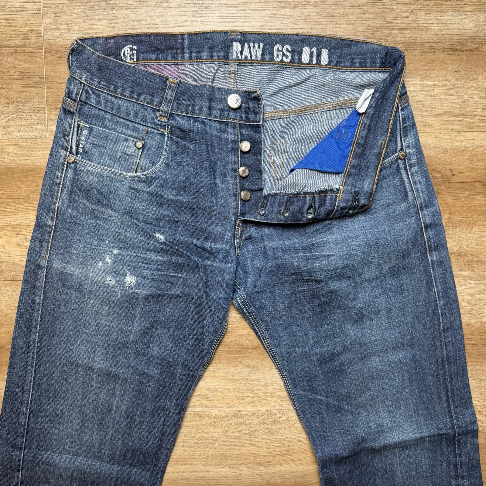 G-Star RAW Jeans Men 31×32 Blue Straight Leg Dark Wash Denim Distress Button Fly