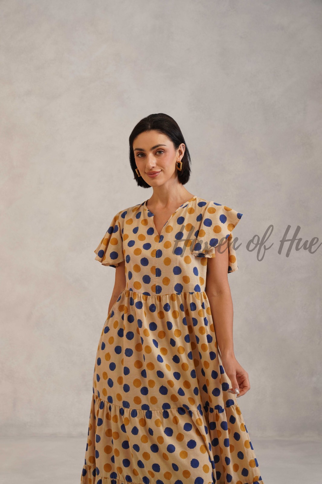 Hand Block Printed Cotton Midi Dress, V-Neck Long Sleeve Tiered Floral Outfit