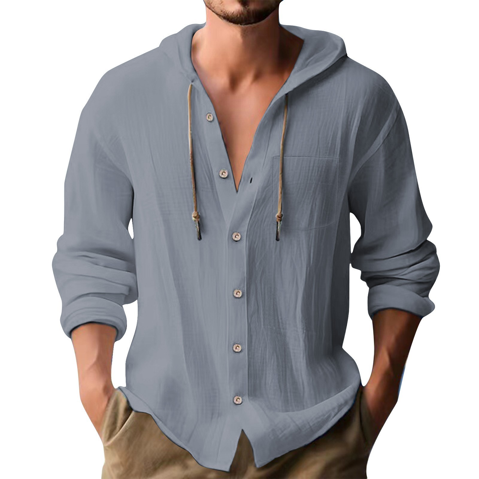 Men’s sports hooded T-shirt solid color casual long sleeved men’s shirt