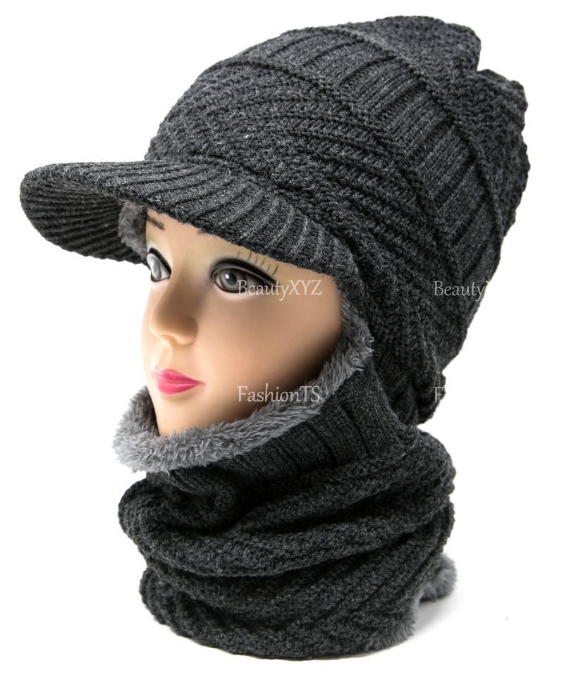 2 in 1 Cable Knit Winter Hat w/ Neck Warmer Mask Brim Beanie Fur Lining Unisex