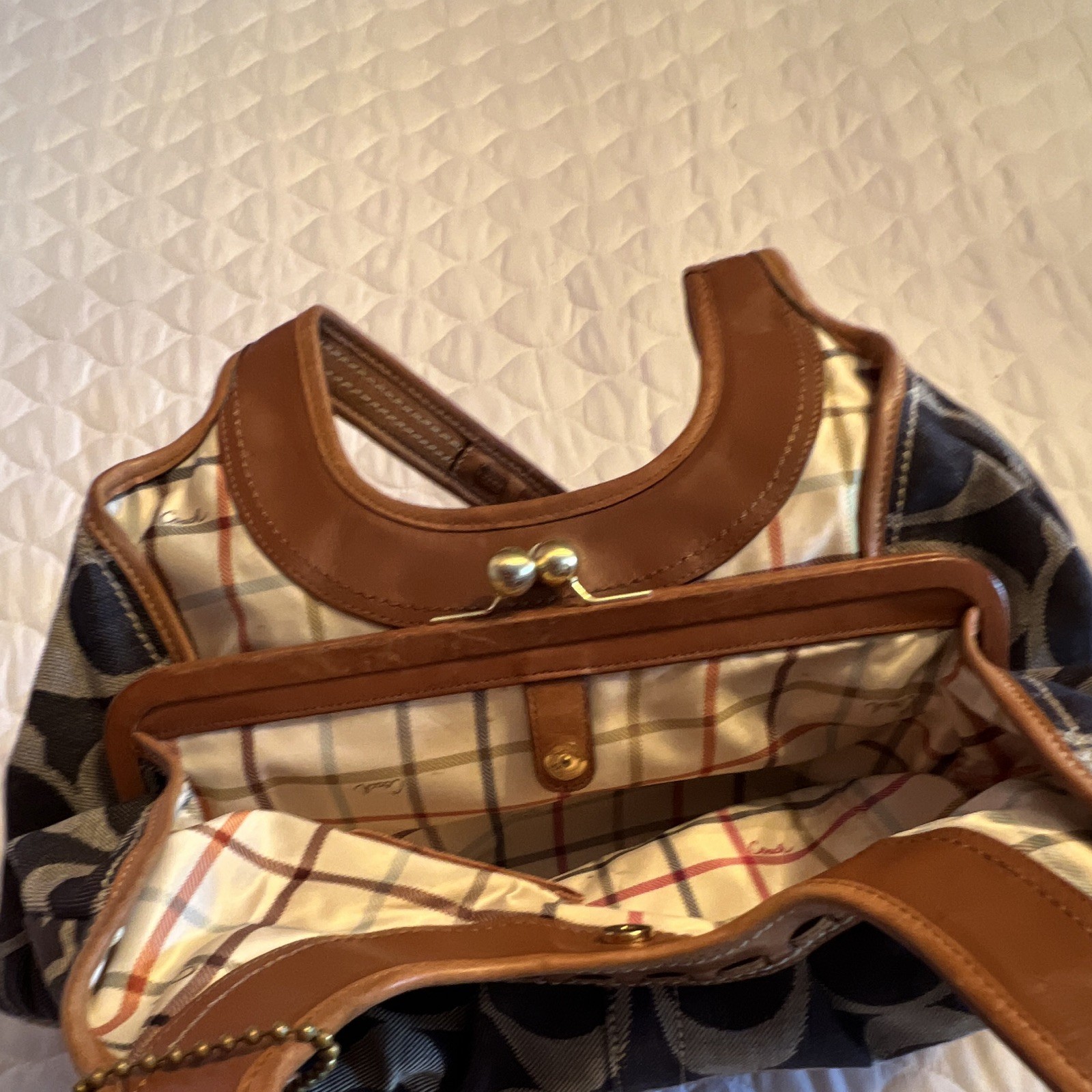 Coach Signature Logo Crescent Shoulder Bag Blue/Brown Snap, Brass, Hang Tag