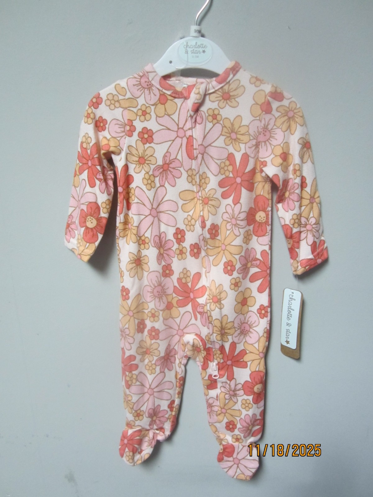 Charlotte & Star Baby Girls Pink Floral Sleep N’ Play Size 0-3M