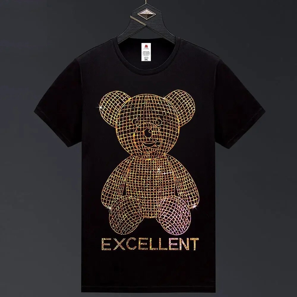 New Fashion Bear Rhinestone Summer Short Sleeve Luxury Men Trend V-Neck T-Shirt