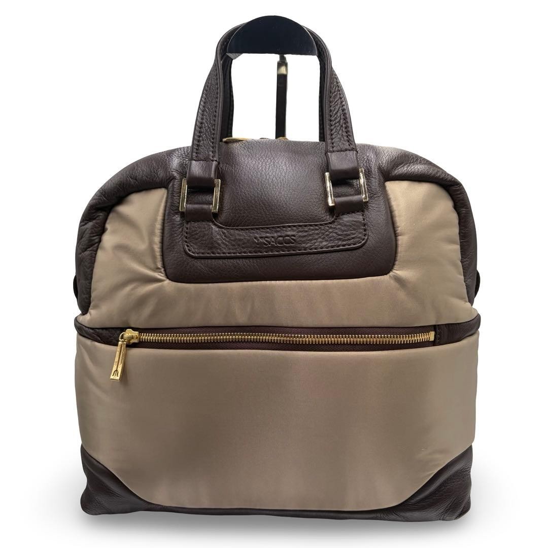 Y’Saccs Isaac Dome Handbag Brown Nylon Leather Logo Japan Excellent 069639