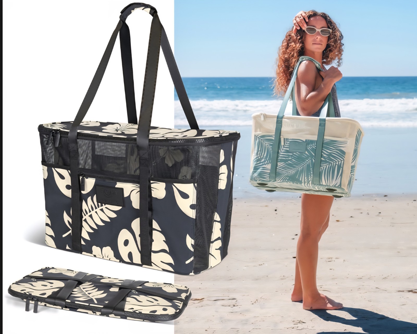 Aloha Collection CleverMade Floral Print Shoulder Tote Black White Zip Closure