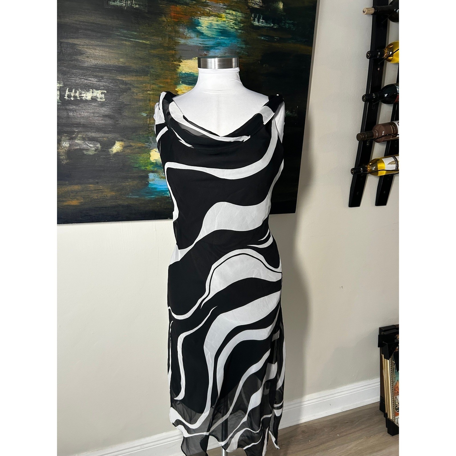 Vintage Breakin’ Loose Midi Dress Size 10 Black White Abstract Cowl Neck Y2K