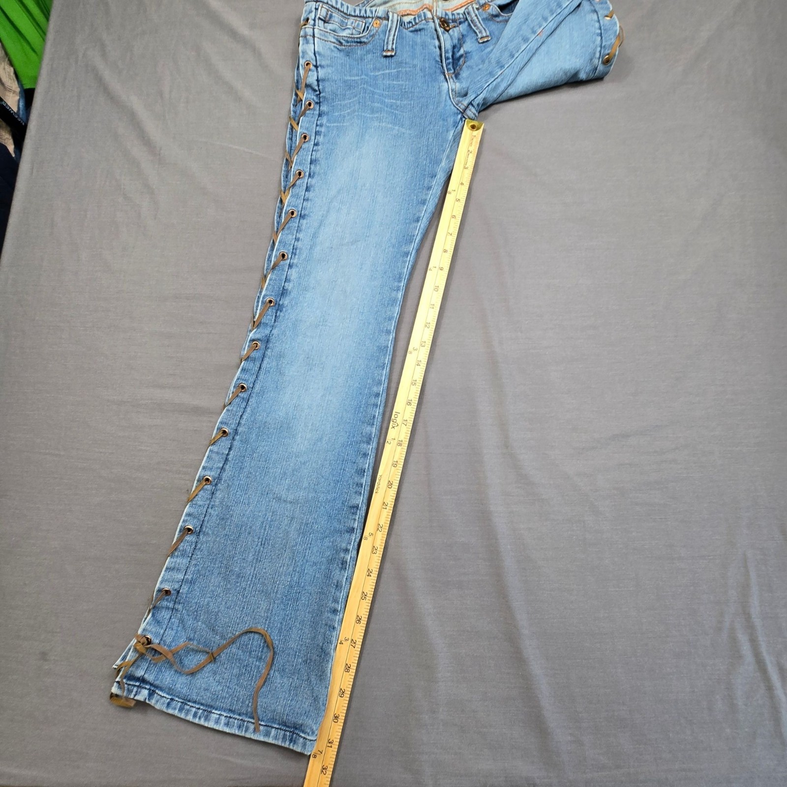 Vintage Y2K 90s Bongo Size 7 Lace-Up Low Rise Flare Jeans Festival Denim Boho