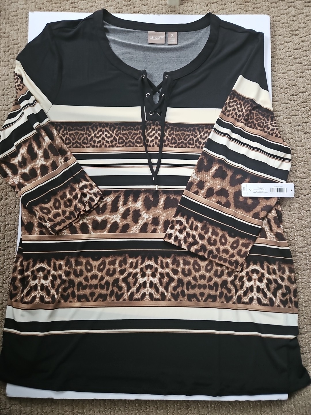 Chico’s Classic Leopard Stripe Lace Up Tunic 3/4 Sleeve Sz 3 16 XL NWT