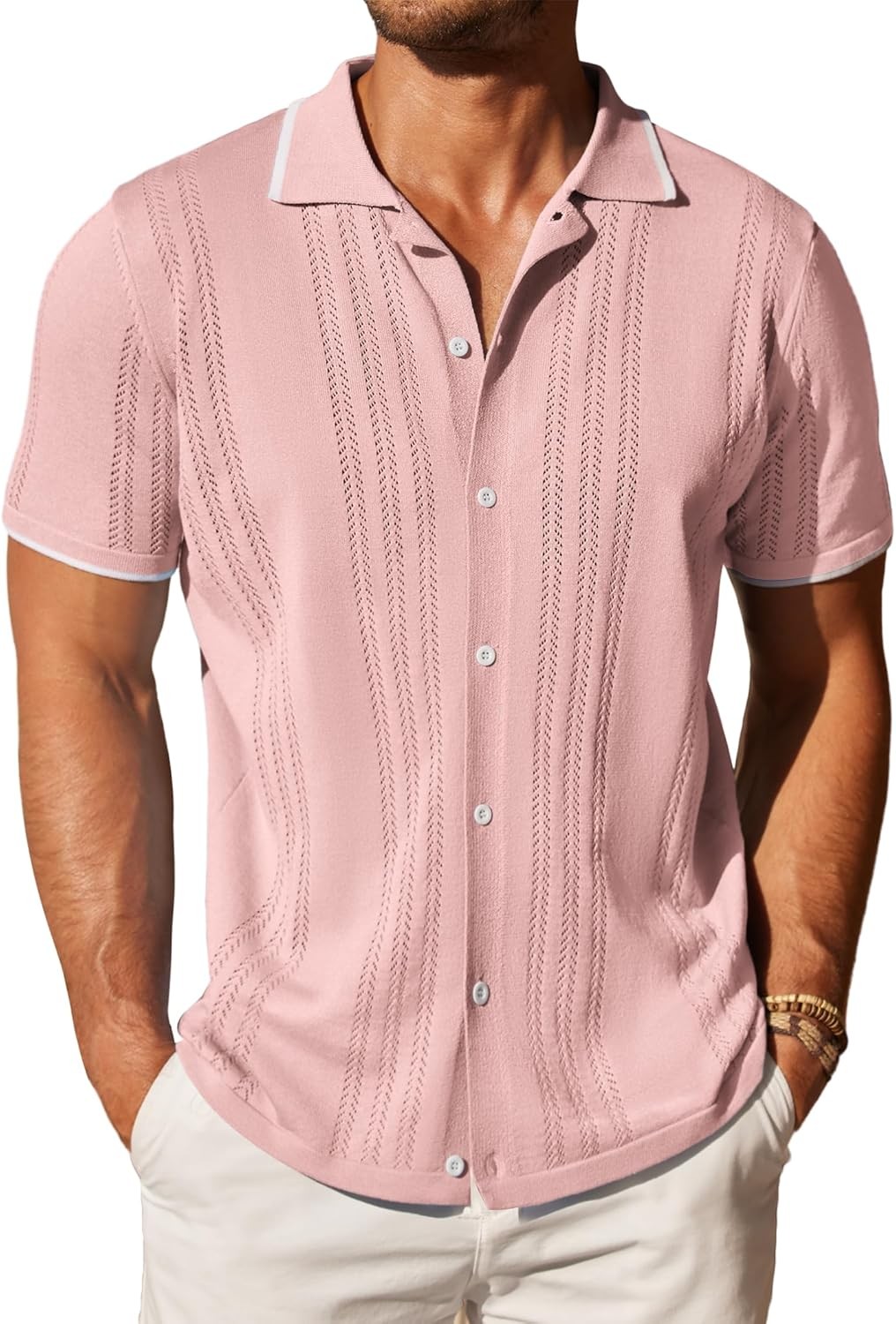Coofandy Men’s Knit Button Down Mens Shirt Vintage Polo Shirts Casual