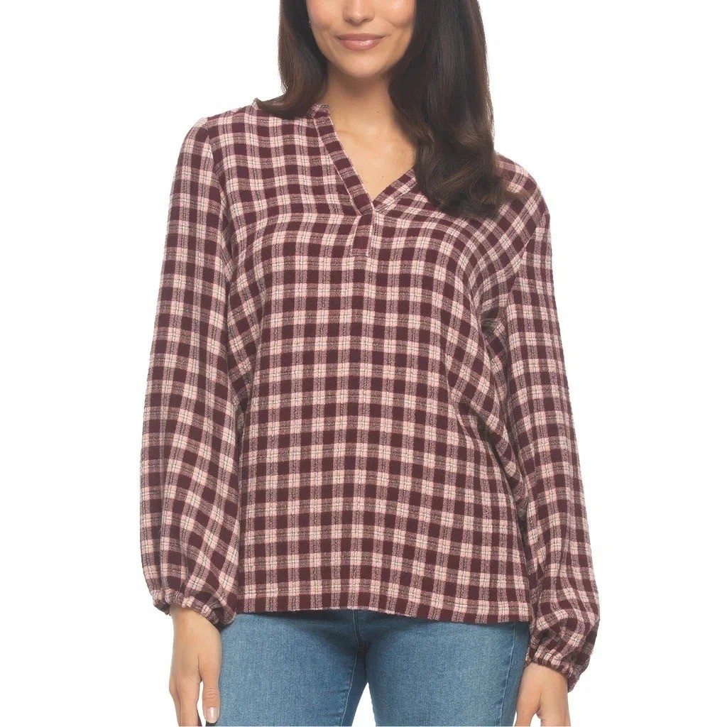NWT Felina Women’s M Burgundy & Pink Plaid V-Neck Blouse Rayon Blend B0530