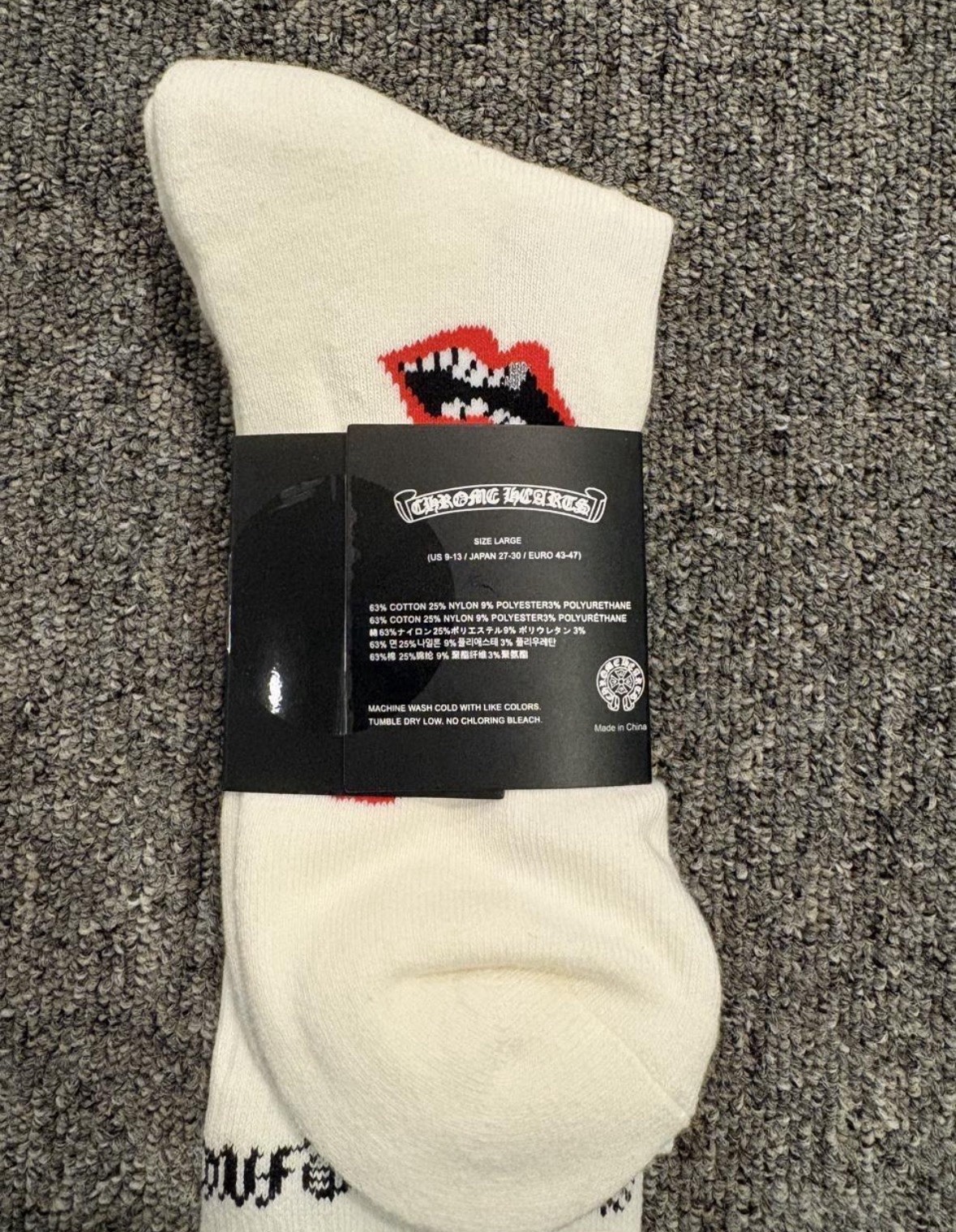 Chrome Hearts Men’s White Crew Socks Lips Logo Graphic Print Size L 1 Pair