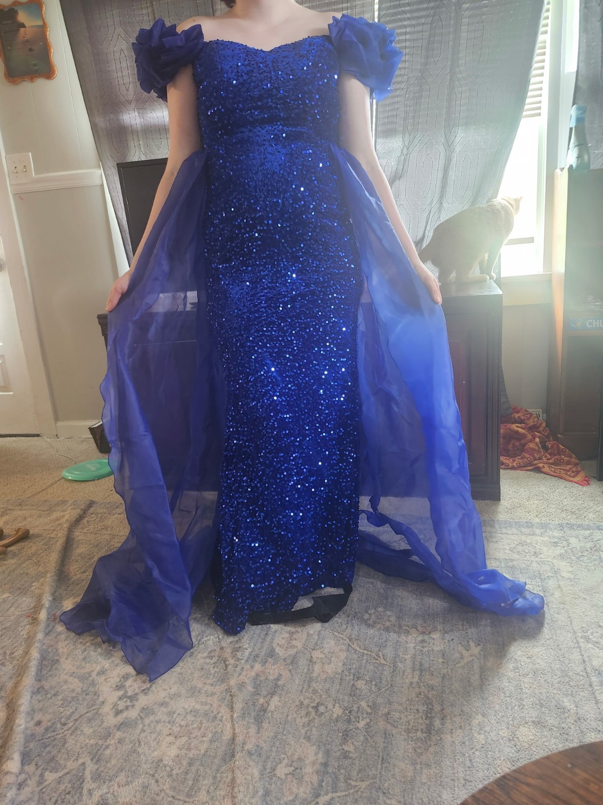 Blue Sequin Off-the-Shoulder Sweetheart Long Maxi Dress Formal Party Size M