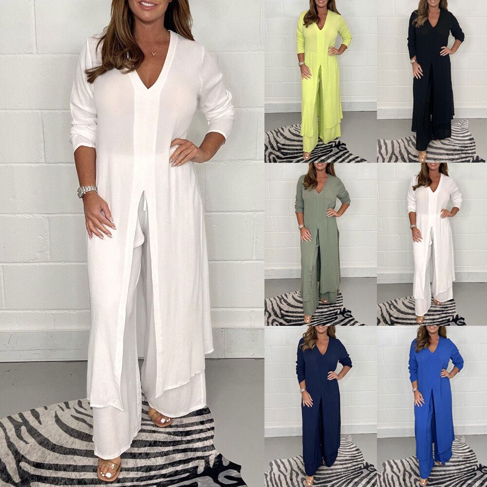 Summer 2Pcs Ladies V Neck Suit Long Split Dress Tops+Trousers Co Ord Set Outfits