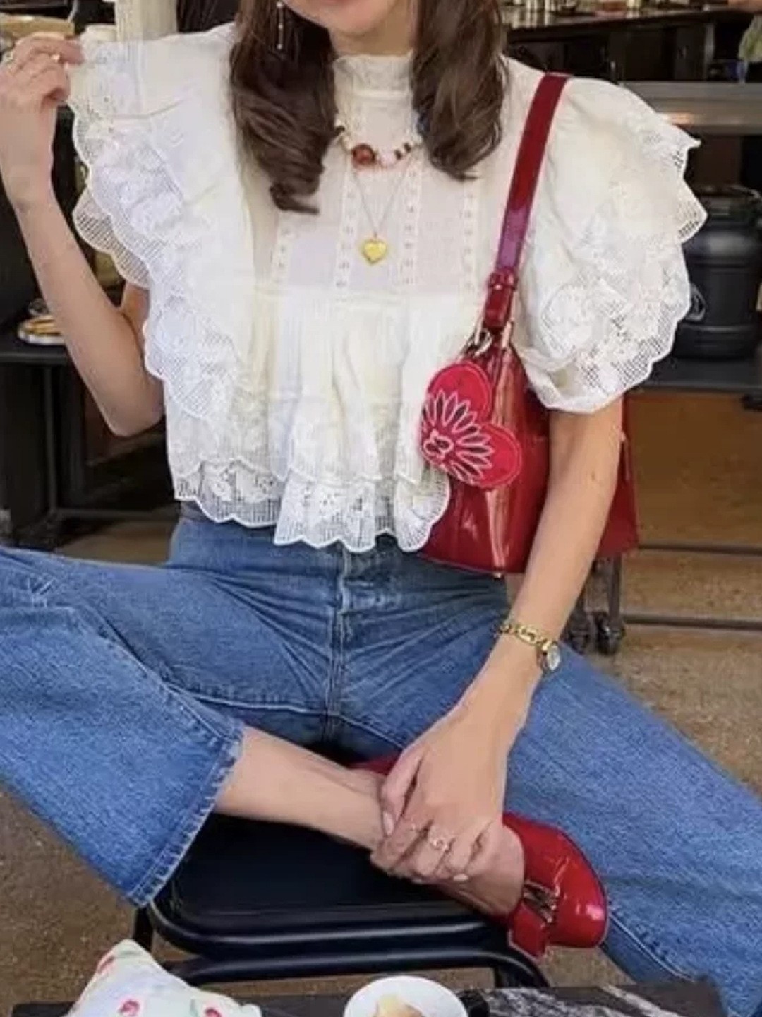 Sezane Lace Ruffled Short Blouse Womens Layered Top Spring 2026