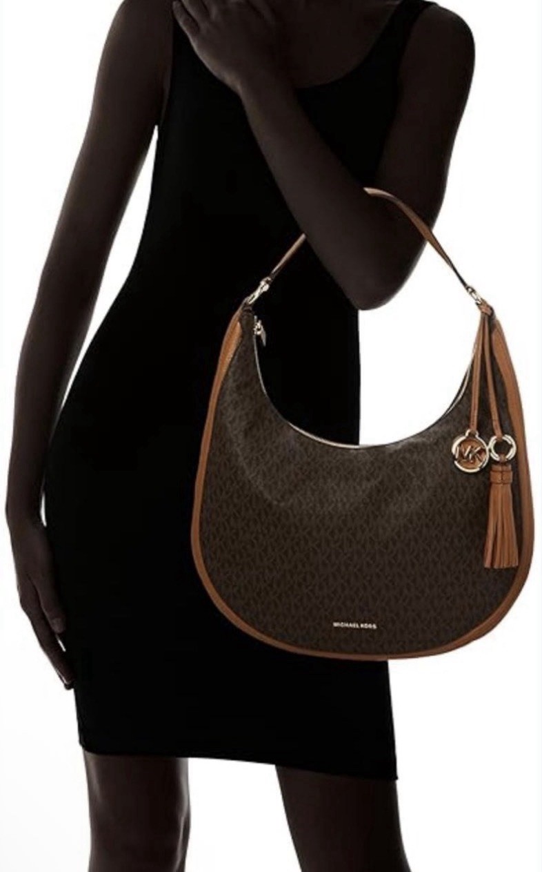 Michael Kors Brown Monogram Crescent Shoulder Bag Zip Top Charm Gold Hardware