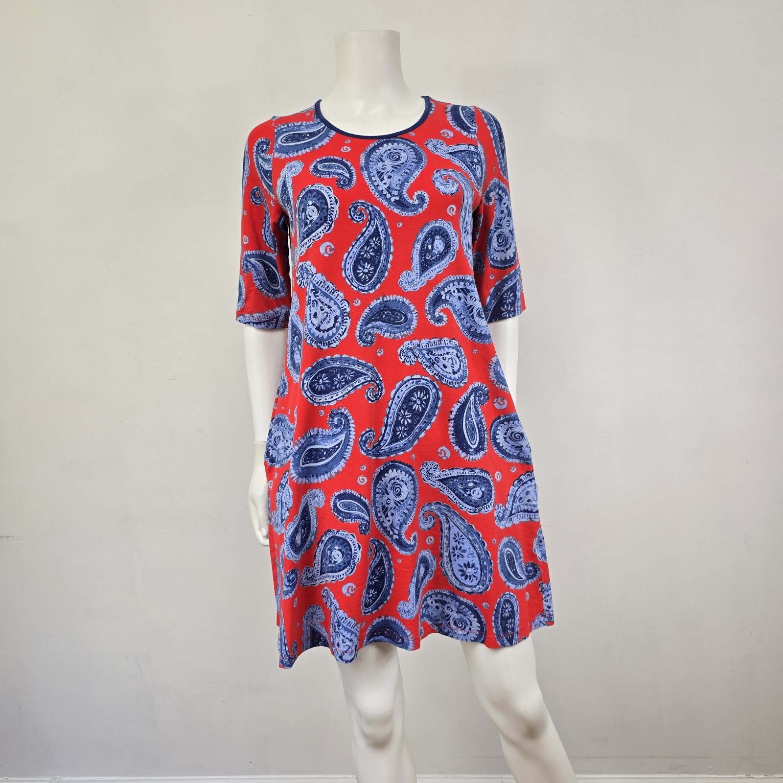 Ana Clare Dress Mini A-Line Shift Paisley Red Short Sleeve Pockets Preppy Size M