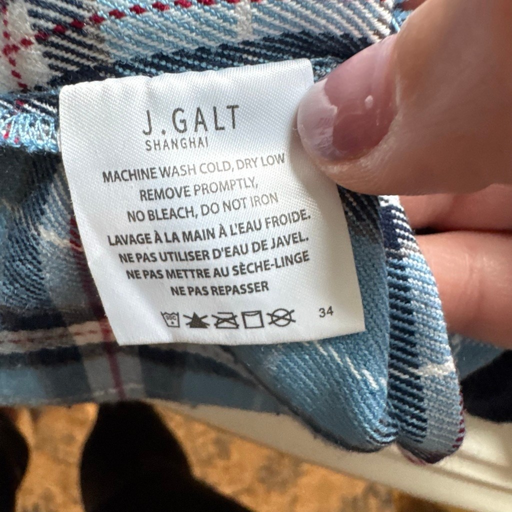 J.Galt Blue Plaid Crop Button-Up Top | Notch Collar & Short Sleeve | Size Small