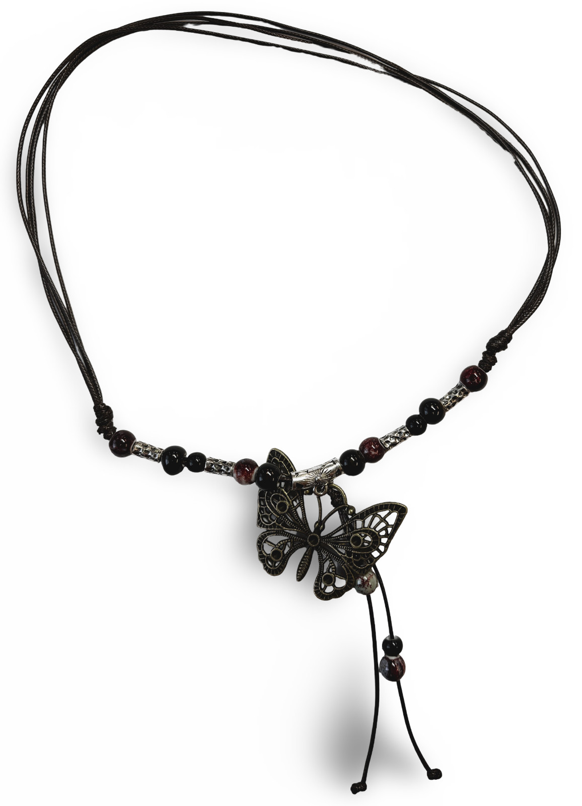 Black White Bead Silver Butterfly Pendant Charm Blessing Vintage Necklace