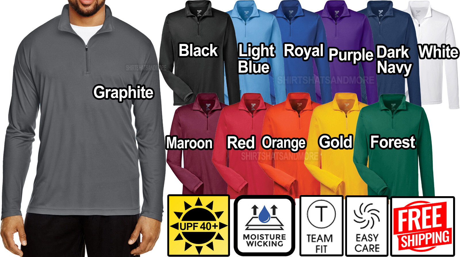 Mens Long Sleeve QuarterZip Moisture Wicking UPF 40+ Pullover Top XS-4XL NEW!
