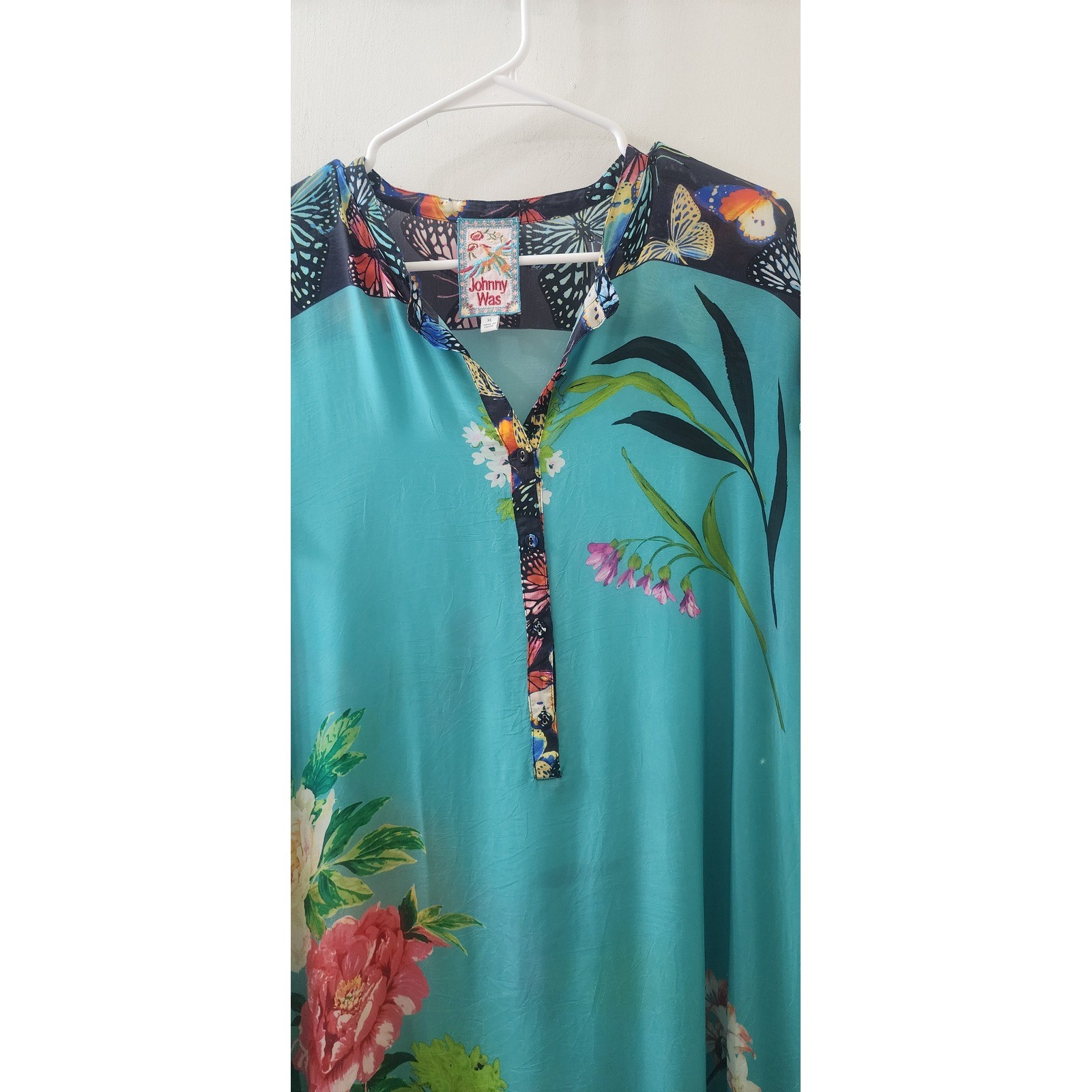 Johnny Was Turquoise Floral Butterfly Cupra Rayon Maxi Dress XL C31222A-4 Boho