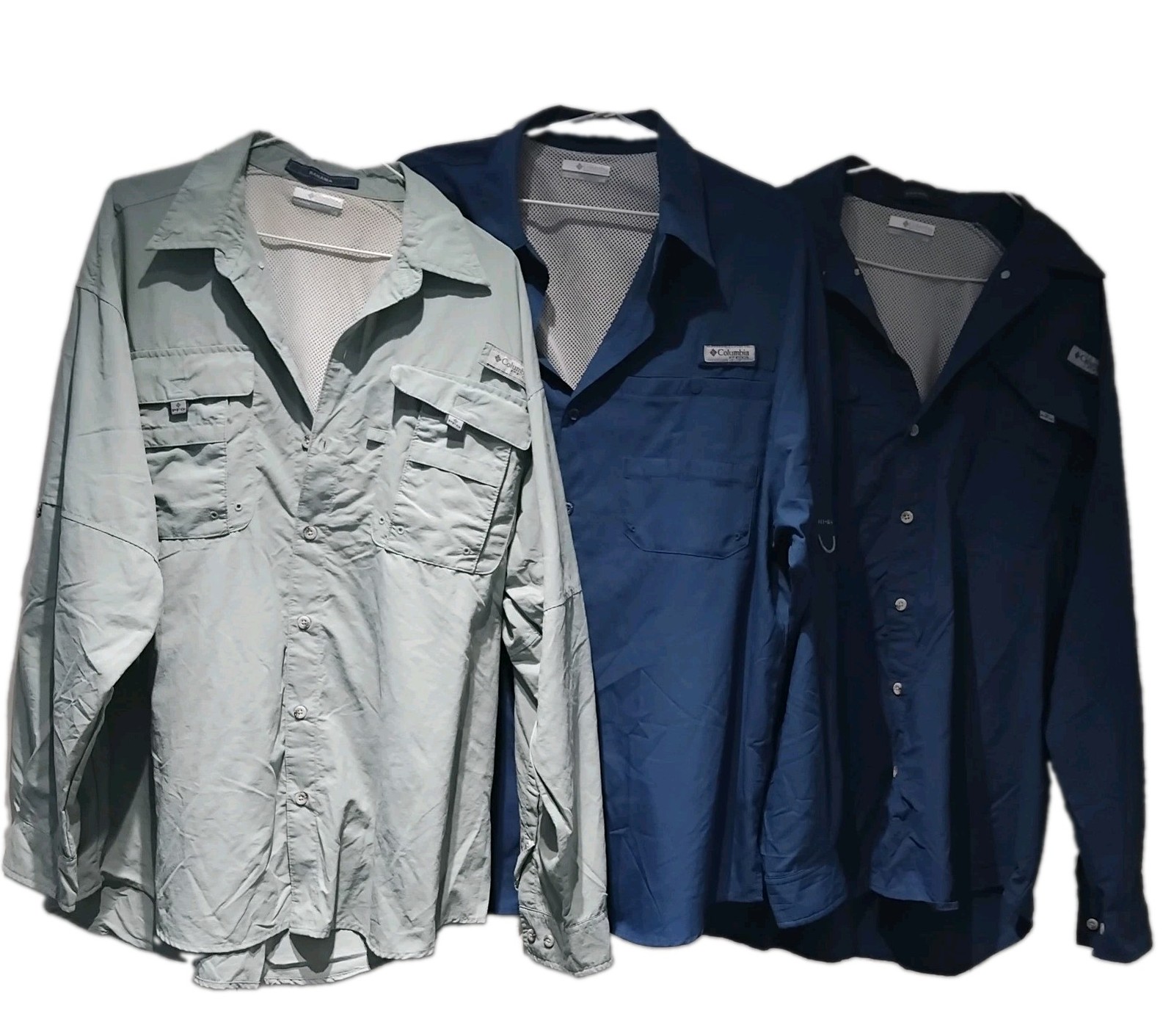 COLUMBIA PFG Large Men’s Long Sleeve Vented Polyester Shirts x 3, Omni-Shade.