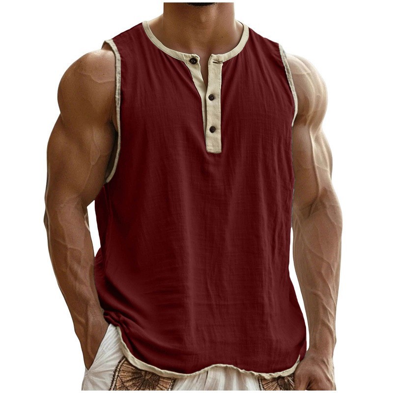 Men’s Sleeveless Henley Tank Top Casual Gym Workout Muscle Shirt Summer Vest