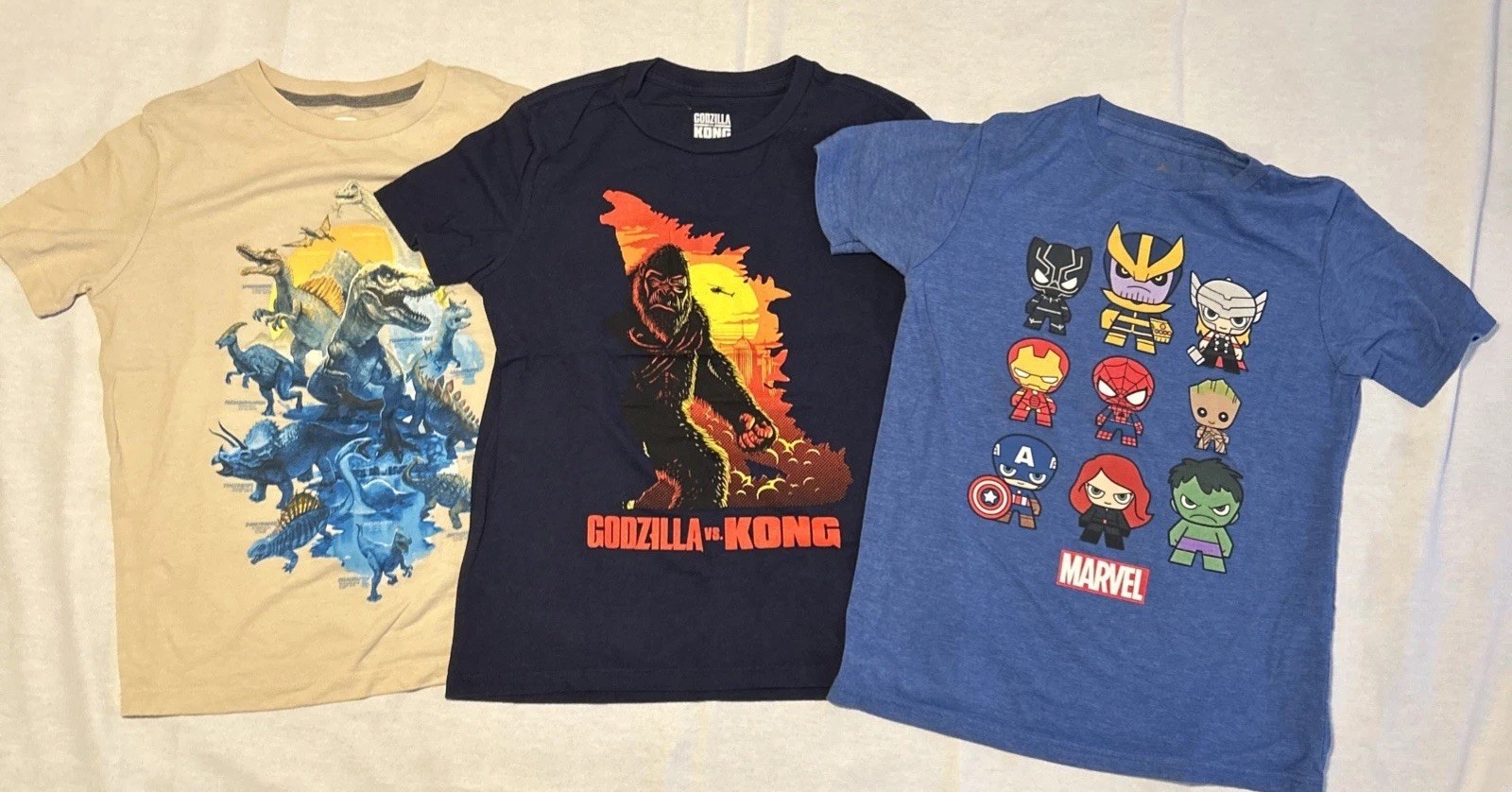3 T-Shirt Lot Kids M Sz 8 Godzilla King Kong Marvel Avengers Jurassic Childs Tee